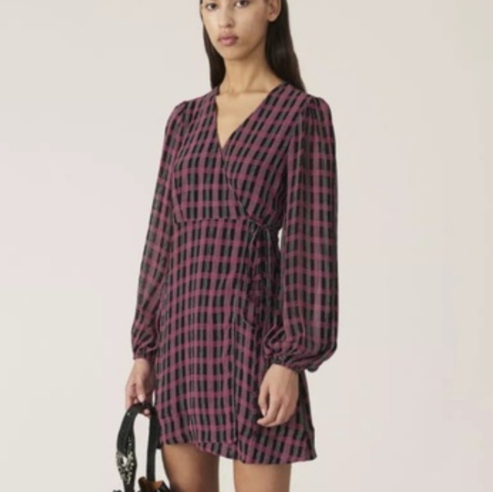 Ganni Georgette Check Long sleeve crepe wrap dress SZ 40